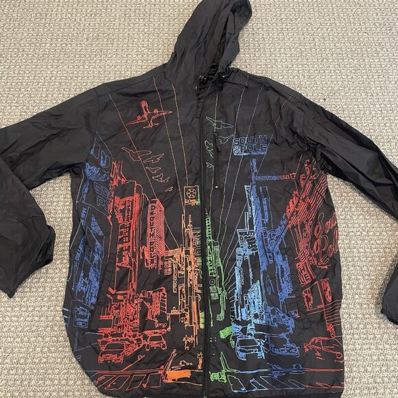 Vintage South Pole Jacket Mens XL Windbreaker Hooded Rain Black Colorful Zipper